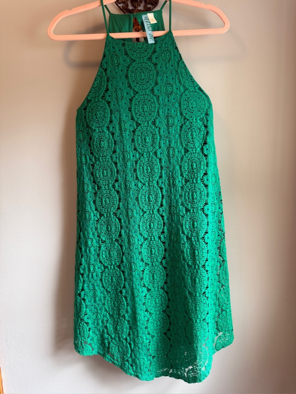 Aina Be Kelly Green Boho Lace Crochet Halter Dress Size M